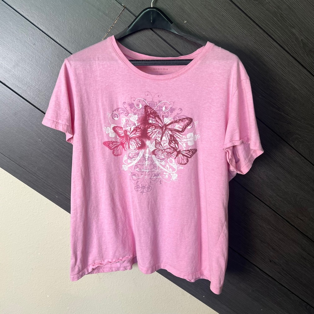 Sonoma Life + Style Women's Butterfly Graphic T-Shirt 2XL Pink Cotton Tee Y2K